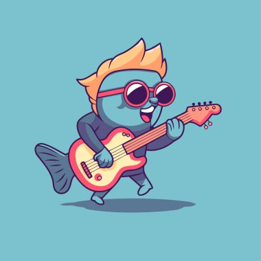 Güneş gözlüklü sevimli çizgi film gitaristi karakteri. Vektör İllüstrasyonu
