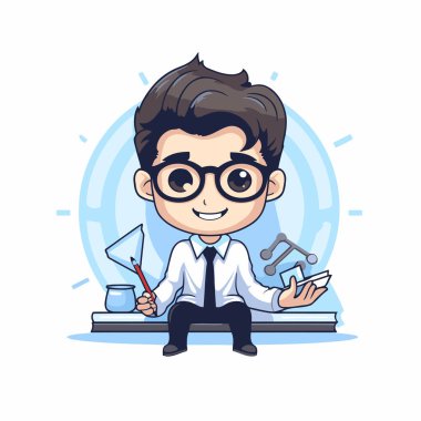 Kitap ve gözlüklü okul çocuğu çizgi film vektör çizimi grafik tasarımı