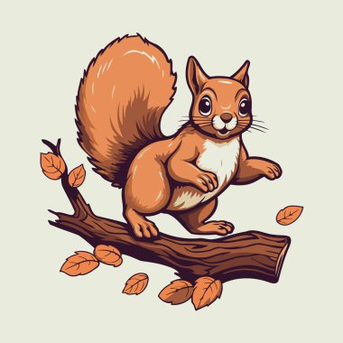 Sonbahar yapraklı bir dalda oturan sincap. Vektör illüstrasyonu.