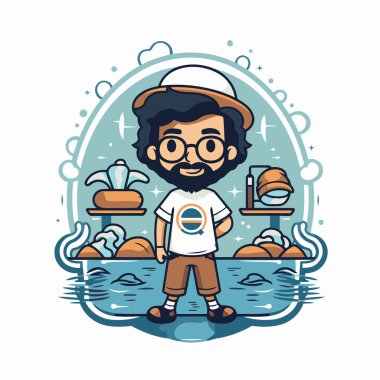 Denizde sakallı ve gözlüklü çizgi film adamı. Vektör illüstrasyonu.