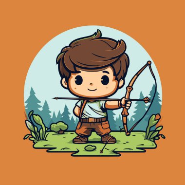 Ormanda ok ve yayla dolaşan sevimli çizgi film çocuğu. Vektör illüstrasyonu.