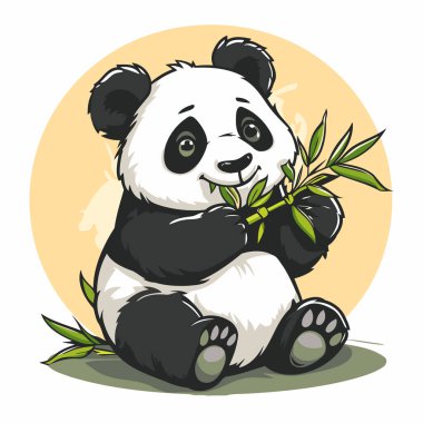 Bambu dalıyla oturan şirin panda. Vektör illüstrasyonu.