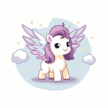 Kanatları ve bulutları olan şirin tek boynuzlu at çizgi filmi. Çizgi film tarzında vektör illüstrasyonu.