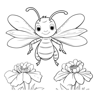 Çocuklar için boyama kitabı: Arı ve çiçekler. Vektör illüstrasyonu.