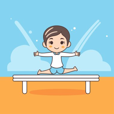 Denge kirişinde jimnastik yapan sevimli küçük çocuk. Vektör illüstrasyonu.