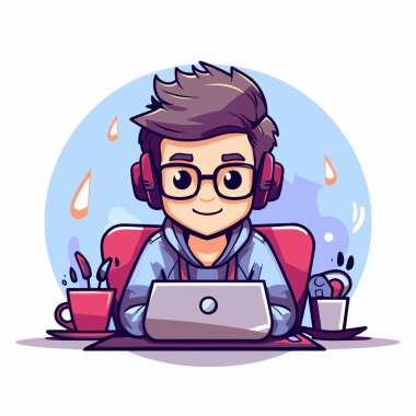 Evde dizüstü bilgisayar ve kahve fincanıyla çalışan bir adam. Vektör illüstrasyonu.