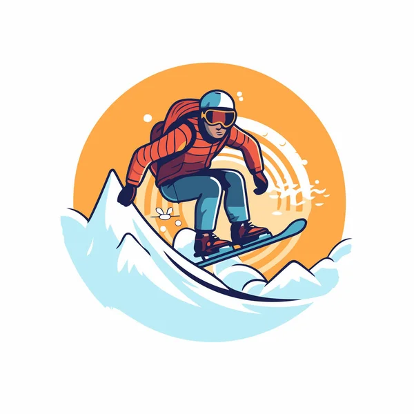 Snowboarder Montando Snowboard Ilustração Vetorial Estilo Plano — Vetor de Stock