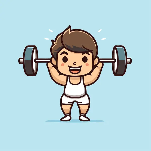 Fitness Boy Lifting Barbell Cartoon Vector Illustration Bonito Menino Exercitando — Vetor de Stock