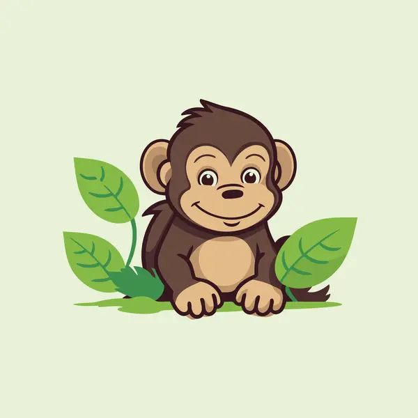 Chimpanzee Monkey Cartoon Green Leaves Background Vector Illustration — Stock Vector