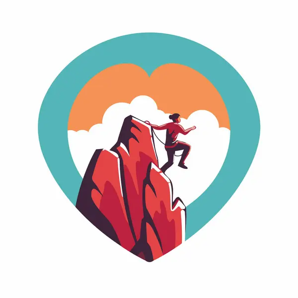 Illustration Vectorielle Homme Grimpant Sur Sommet Montagne Avec Cœur Rouge — Image vectorielle