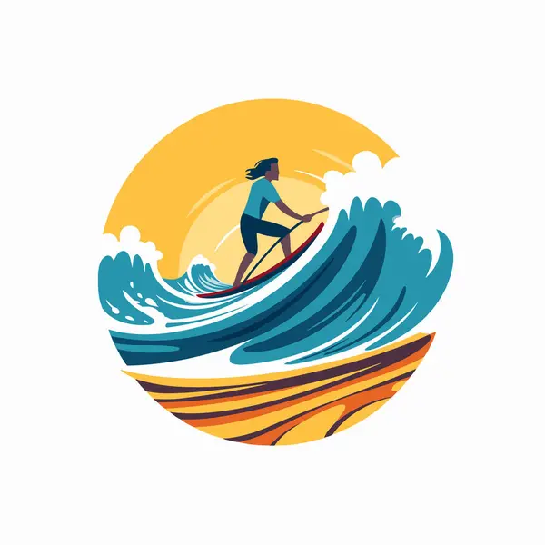 Surfista Nas Ondas Ilustração Vetorial Estilo Plano — Vetor de Stock