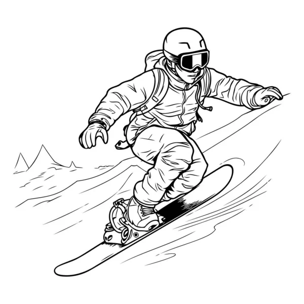 Snowboarder Pulando Nas Montanhas Esboço Gráficos Vetoriais Monocromáticos — Vetor de Stock