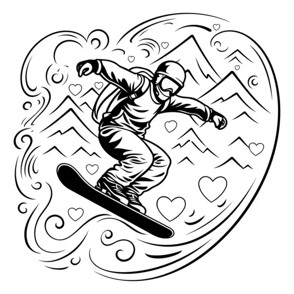 Snowboarder Che Salta Aria Illustrazione Vettoriale Bianco Nero — Vettoriale Stock