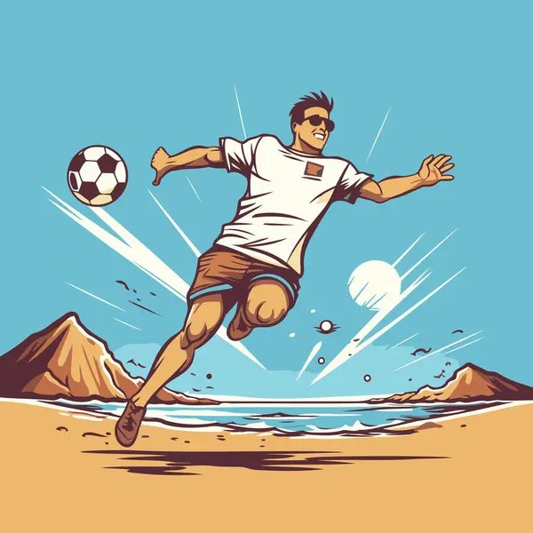 ビーチのサッカー選手 レトロスタイルのベクトルイラスト — ストックベクタ