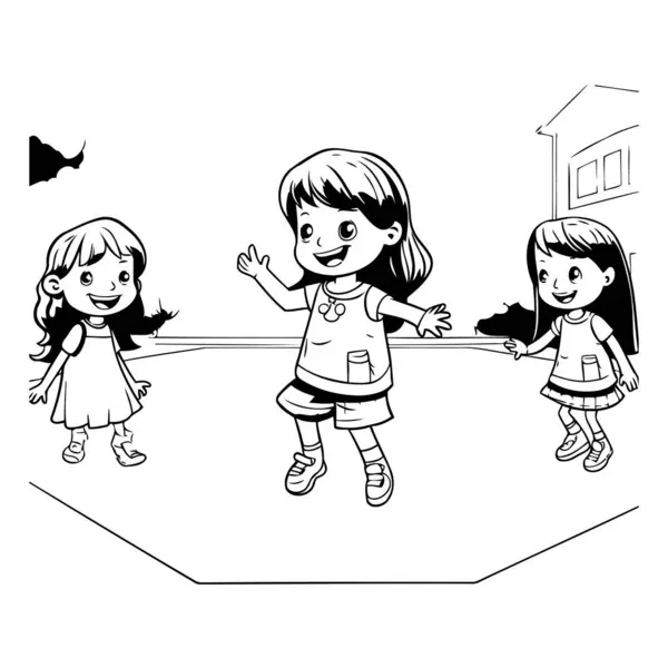 Kinderen Die Het Park Spelen Zwart Wit Vector Illustratie Voor — Stockvector