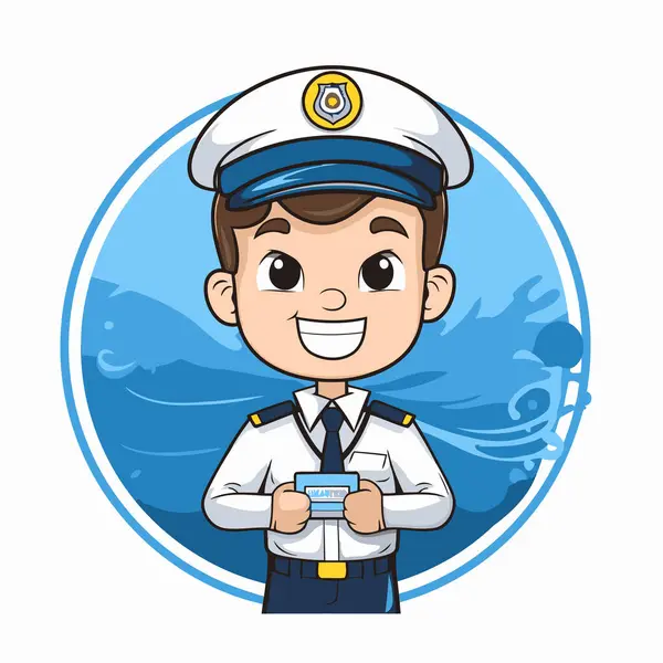 Lindo Marinero Con Icono Dibujos Animados Smartphone Tema Mar Océano — Vector de stock