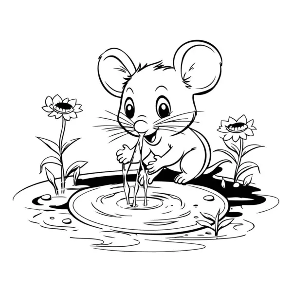 Myš Vodou Květinami Černobílá Vektorová Ilustrace Omalovánky — Stockový vektor