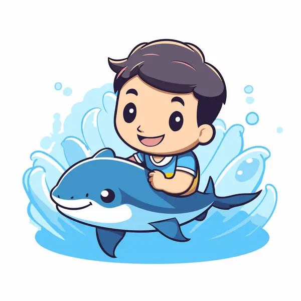 Junge Und Hai Cartoon Vektor Illustration Niedlicher Kleiner Junge Schwimmt — Stockvektor