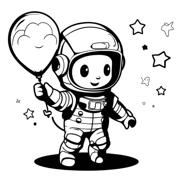 Astronaute Avec Ballon Étoiles Illustration Vectorielle Noir Blanc — Image vectorielle