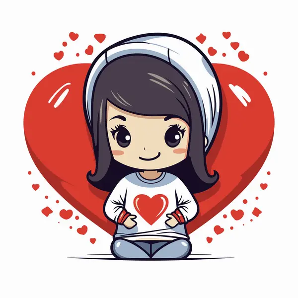Χαριτωμένο Κορίτσι Καρτούν Κάθεται Μια Μεγάλη Κόκκινη Καρδιά Εικονογράφηση Διανύσματος — Διανυσματικό Αρχείο