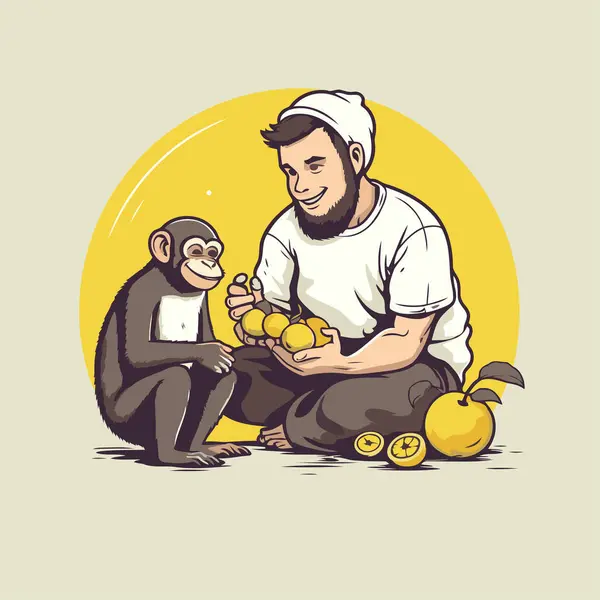 Bir Maymun Elinde Elma Olan Bir Adamın Vektör Çizimi — Stok Vektör