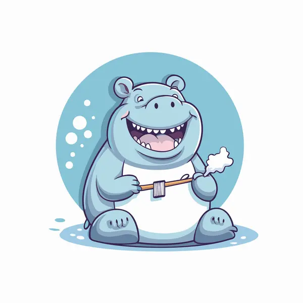 Cartoon Nijlpaard Met Tandenborstel Tandpasta Vectorillustratie — Stockvector