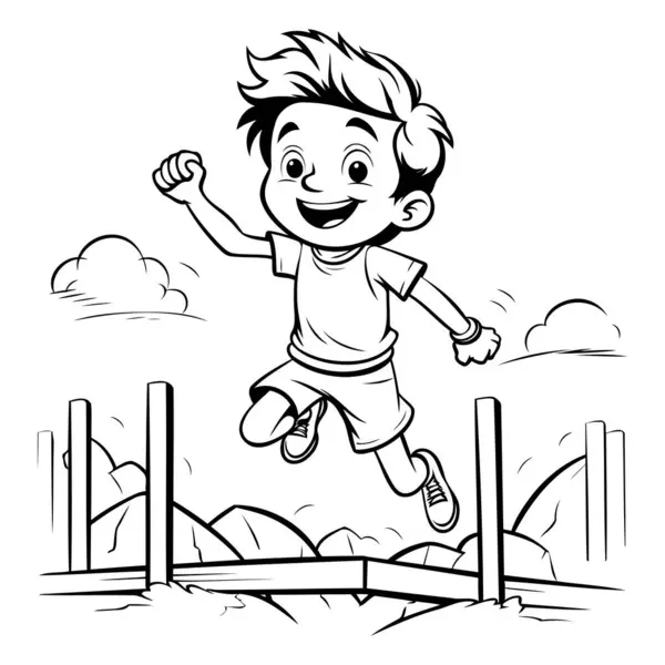 Zwart Wit Cartoon Illustratie Van Een Kid Boy Springen Het — Stockvector