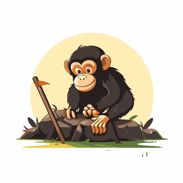 Monkey Sitting Rock Holding Wooden Axe Vector Illustration — Stock Vector