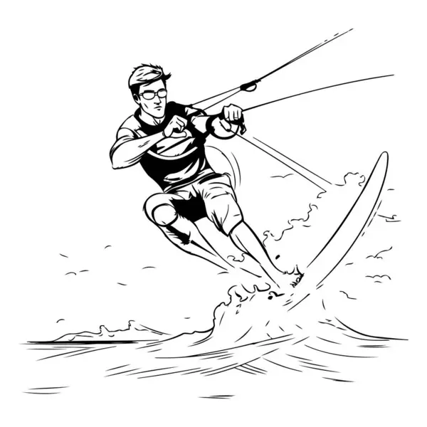 Kitesurfing Black White Vector Illustration Man Riding Kite — Stock Vector
