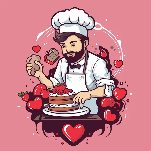 Sakallı Bir Adamın Vektör Çizimi Bir Pastayı Kırmızı Kalplerle Süsleyen — Stok Vektör