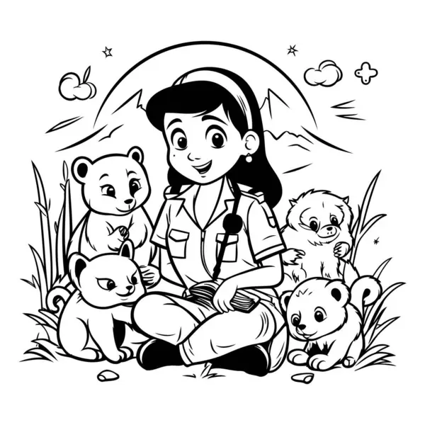 一个女童子军和一群熊坐在草地上的病媒图片 — 图库矢量图片