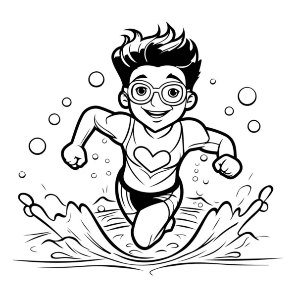 Junge Schwimmen Schwarz Weiß Cartoon Illustration Line Art Stil — Stockvektor