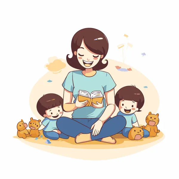 Moeder Die Een Boek Leest Met Haar Kinderen Vector Illustratie — Stockvector