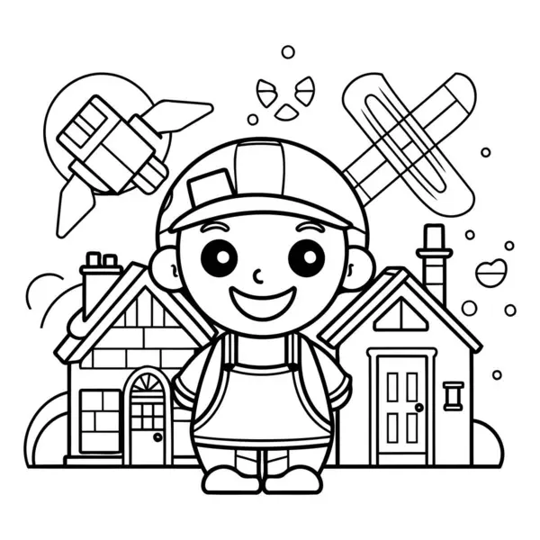 Carino Bambino Costruzione Lavoratore Fronte Casa Vettoriale Illustrazione Design — Vettoriale Stock