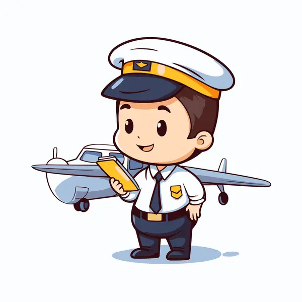 Piloto Bonito Com Avião Sobre Fundo Branco Desenho Colorido Ilustração — Vetor de Stock