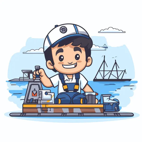 Lindo Niño Uniforme Marinero Con Barco Mar Vector Dibujos Animados — Vector de stock