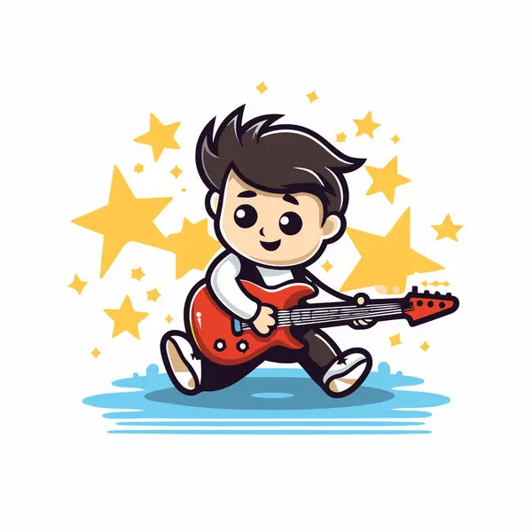 Elektro Gitar Çalan Sevimli Bir Çocuk Vektör Illüstrasyonu Beyaz Arkaplanda — Stok Vektör