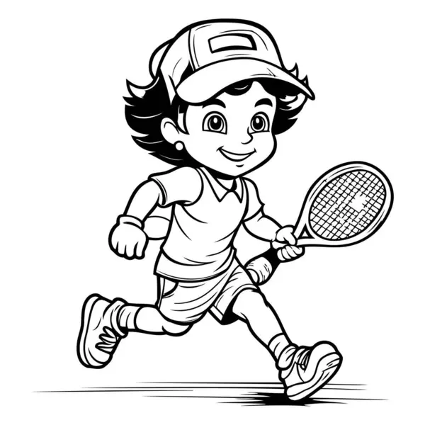 Junge Beim Tennisspielen Schwarz Weiße Karikatur Eines Kindes Beim Tennisspielen — Stockvektor