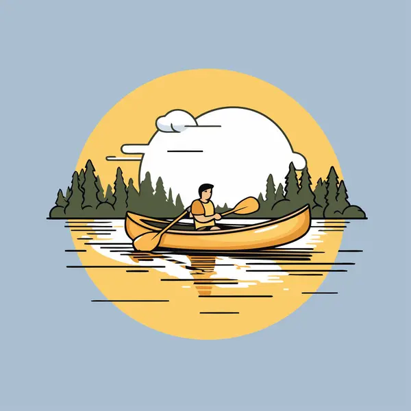 Homem Numa Canoa Lago Ilustração Vetorial Estilo Plano — Vetor de Stock