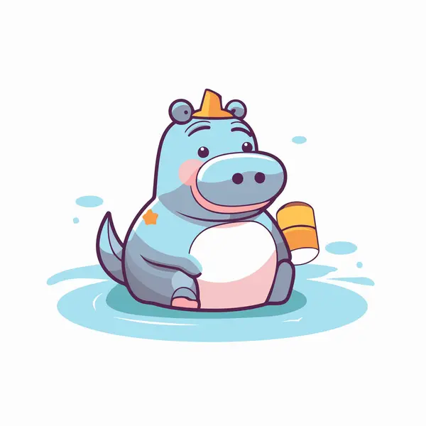 Joli Hippopotame Avec Crème Glacée Illustration Vectorielle Dans Style Dessin — Image vectorielle