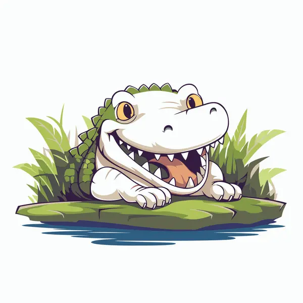 Crocodile Personnage Dessin Animé Assis Sur Herbe Illustration Vectorielle — Image vectorielle
