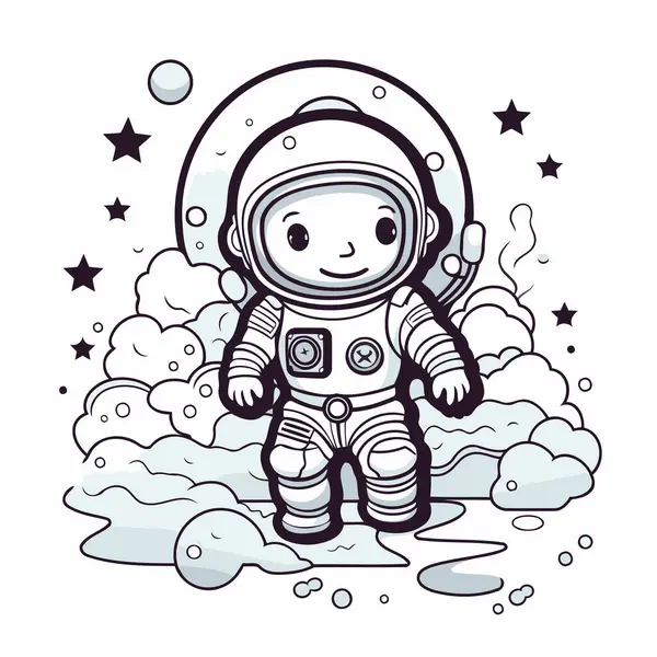 Leuke Cartoon Astronaut Ruimte Met Sterren Wolken Vectorillustratie — Stockvector