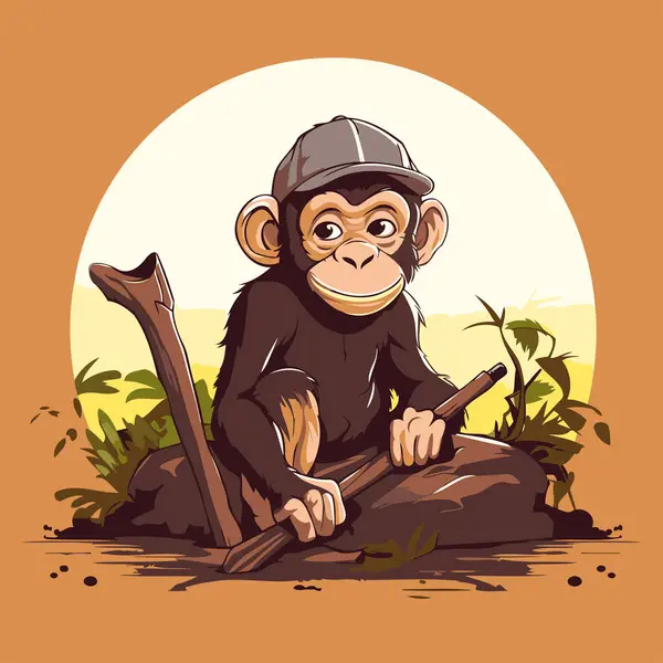Şempanze Elinde Baltayla Bir Kayanın Üzerinde Oturuyor Vektör Illüstrasyonu — Stok Vektör