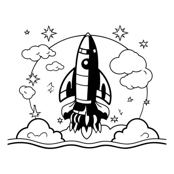 Rocket Ship Flying Sky Clouds Black White Vector Illustration Graphic — Stock Vector