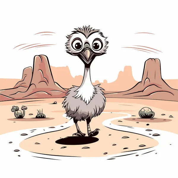 Στρουθοκάμηλος Στην Έρημο Χαριτωμένο Εικονογράφηση Φορέα Κινουμένων Σχεδίων — Διανυσματικό Αρχείο