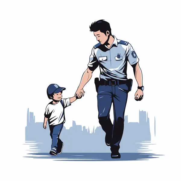 一个警察抱着一个孩子走路的矢量图 — 图库矢量图片
