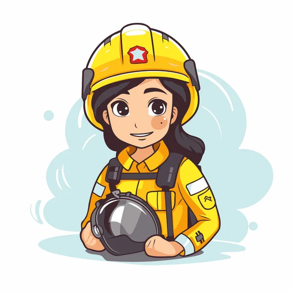 Bella Ragazza Pompiere Con Casco Illustrazione Vettoriale Stile Cartone Animato — Vettoriale Stock