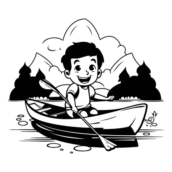 Rapaz Remar Num Barco Lago Ilustração Vetorial Preto Branco — Vetor de Stock