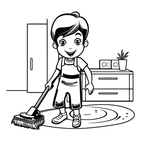 Cute Little Boy Cleaning House Broom Cartoon Vector Illustration Graphic — Stock Vector
