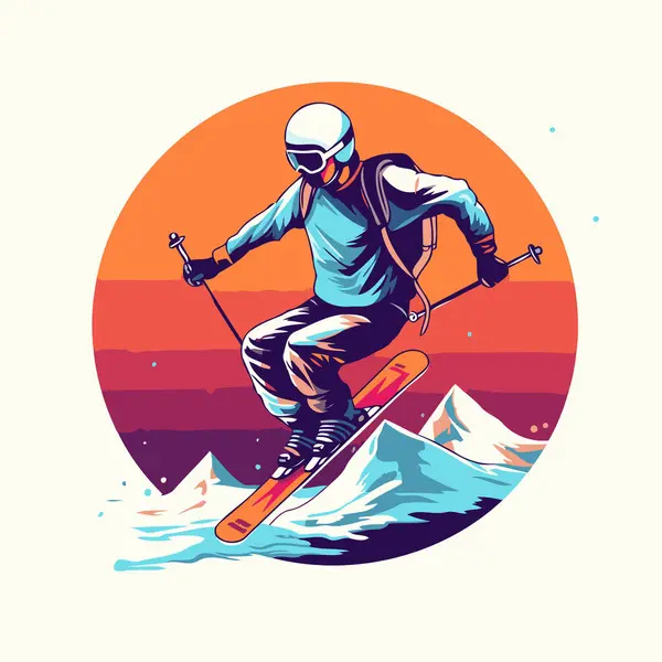 Ski Sur Les Montagnes Illustration Vectorielle Dans Style Rétro — Image vectorielle